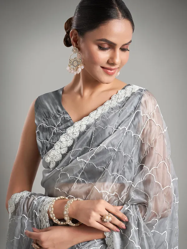 Trendy grey tissue silk saree