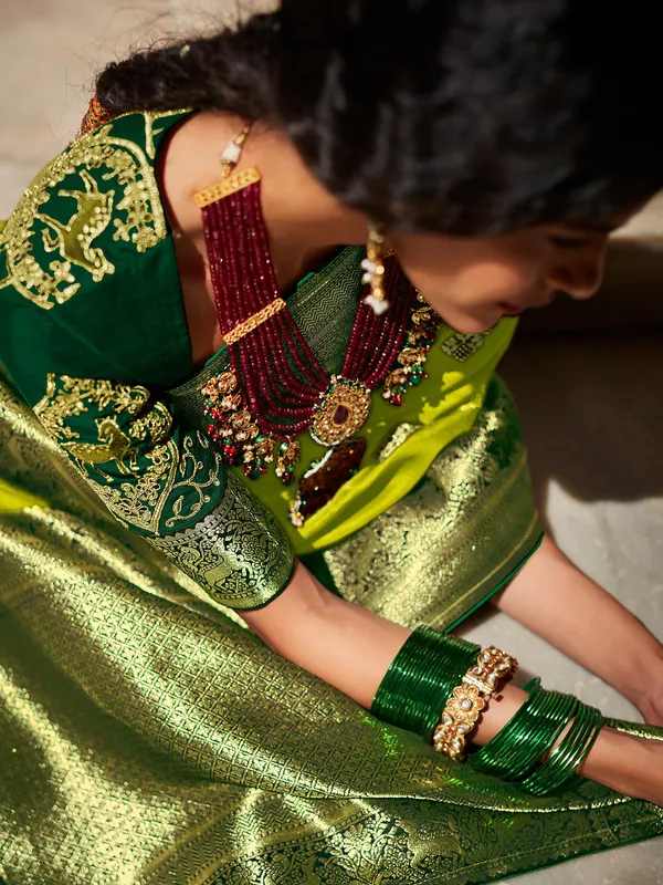 Trendy lemon green silk saree for wedding wear