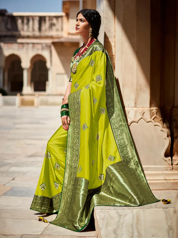 Trendy lemon green silk saree for wedding wear