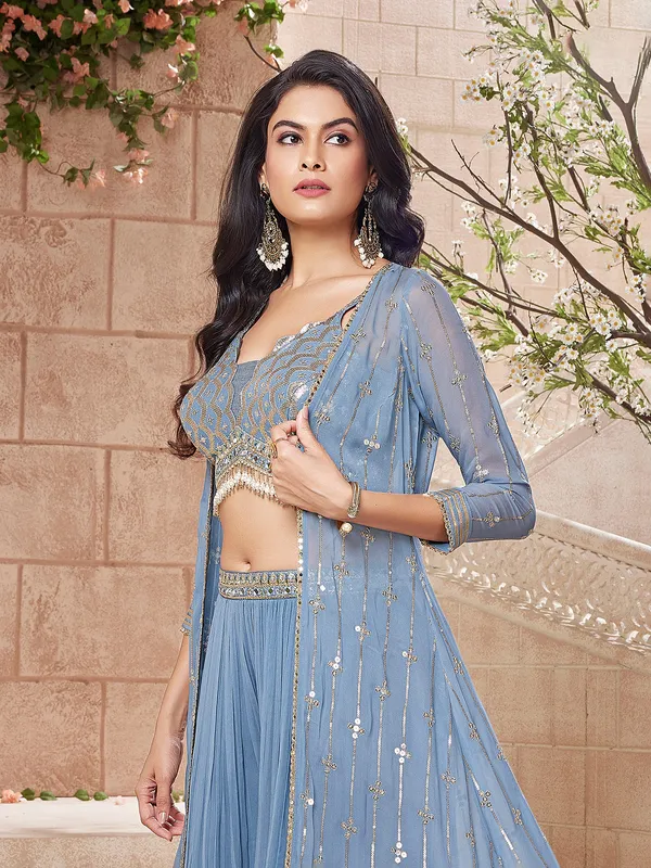 Trendy light blue georgette palazzo suit with shrug
