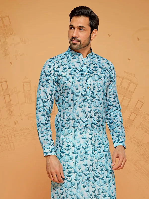 Trendy light blue printed kurta set for men