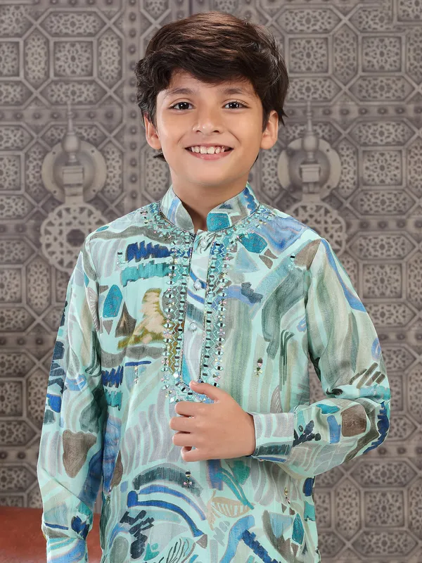 Trendy light blue printed kurta suit in silk