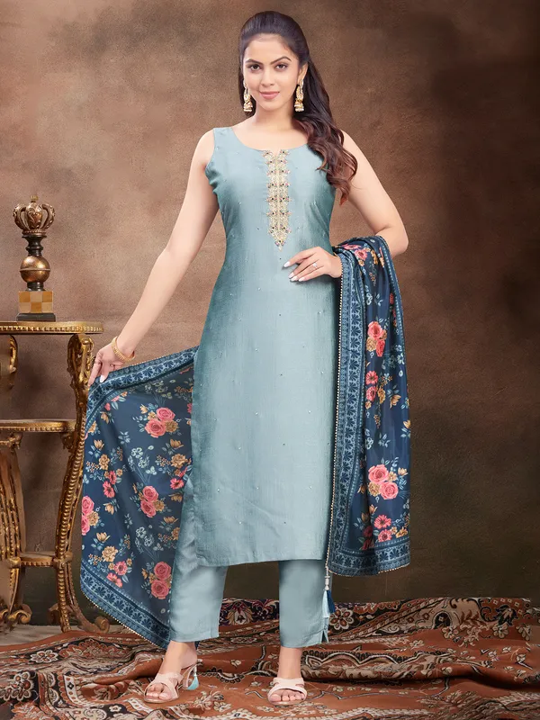 Trendy light blue salwar suit with contrast dupatta