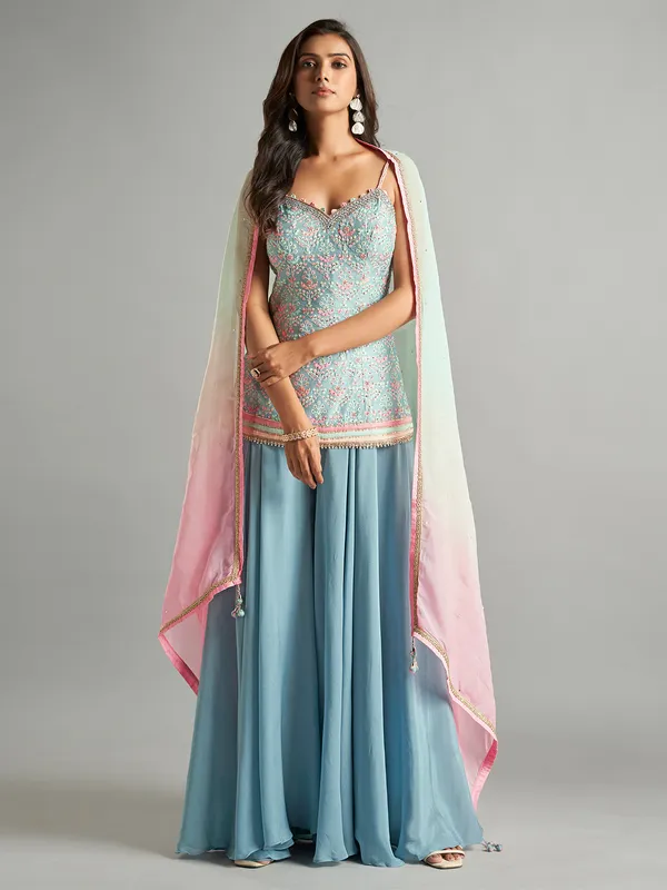 Trendy light blue silk embroidery palazzo suit