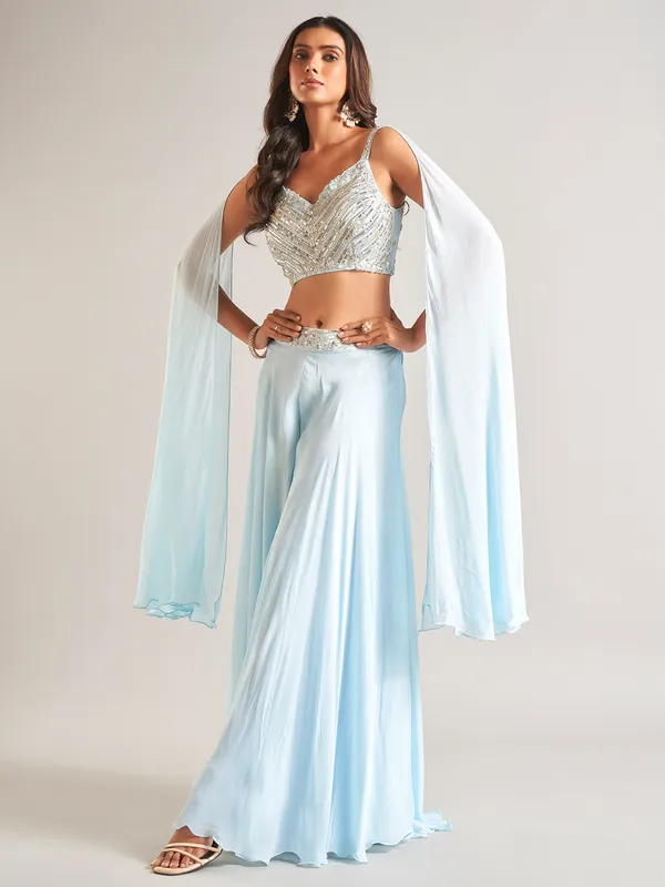 Trendy light blue silk palazzo salwar suit