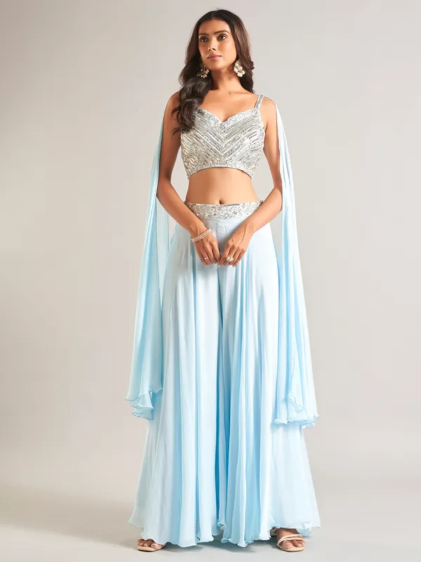 Trendy light blue silk palazzo salwar suit