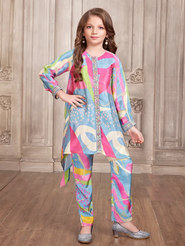 Trendy light blue silk printed co ord set