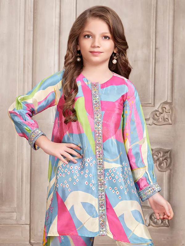Trendy light blue silk printed co ord set