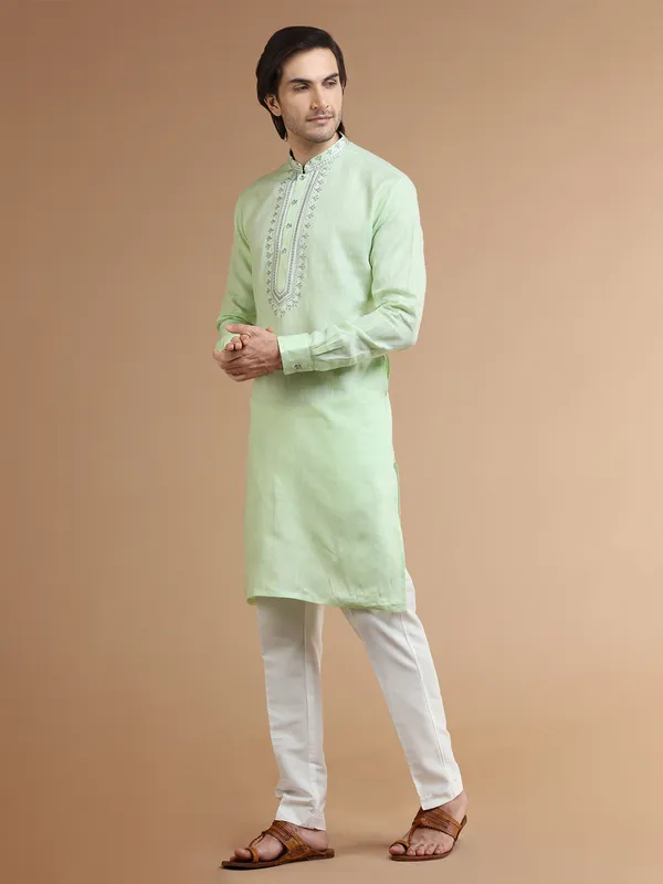 Trendy light green linen kurta suit