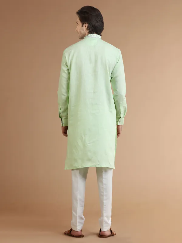 Trendy light green linen kurta suit