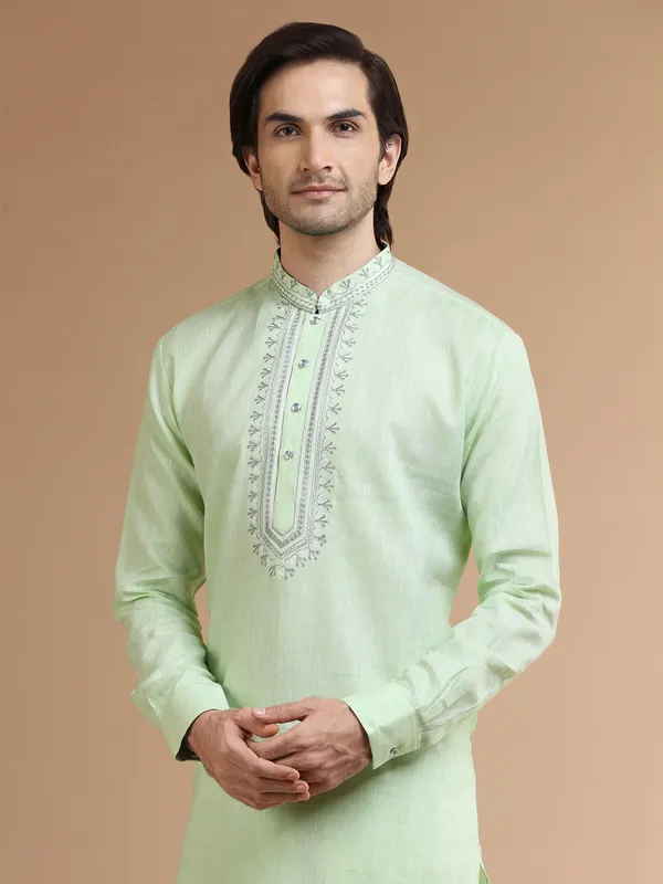 Trendy light green linen  Men Kurta pajama