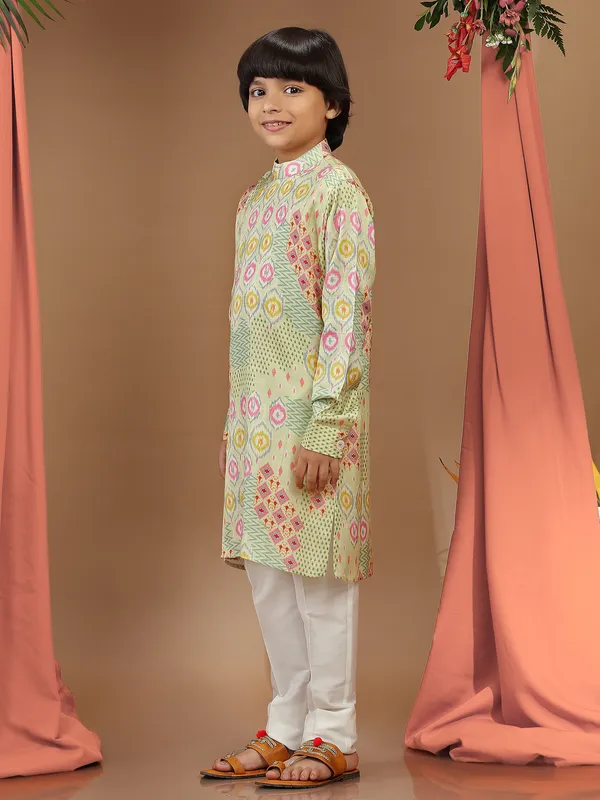 Trendy light green silk printed kurta suit