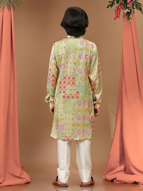 Trendy light green silk printed kurta suit