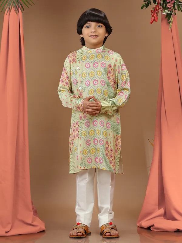 Trendy light green silk printed kurta suit