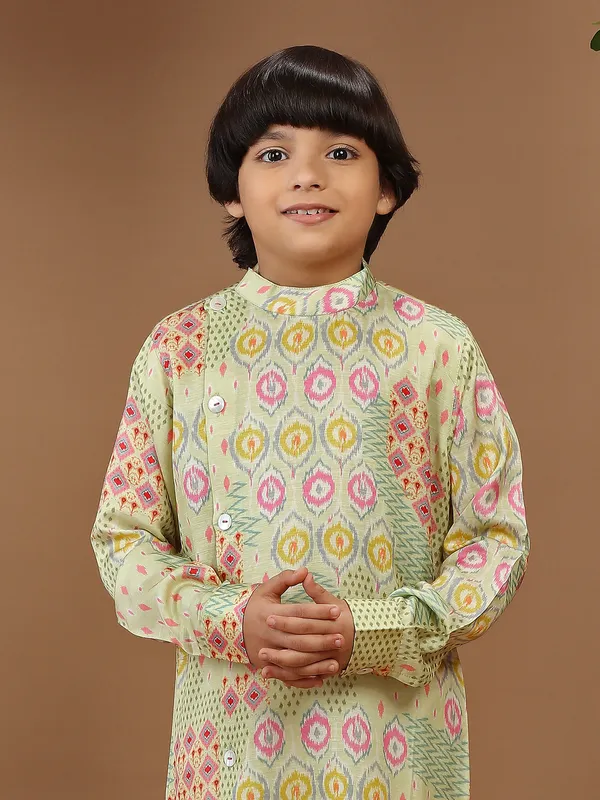 Trendy light green silk printed kurta suit