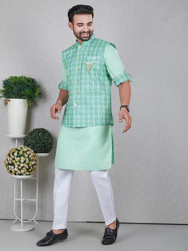 Trendy light green silk waistcoat set