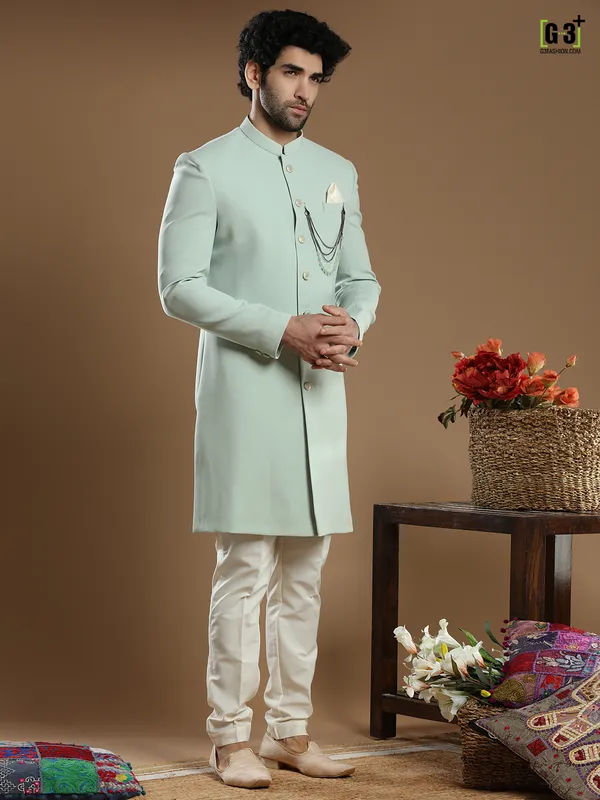 Trendy light green solid terry rayon wedding wear indo western