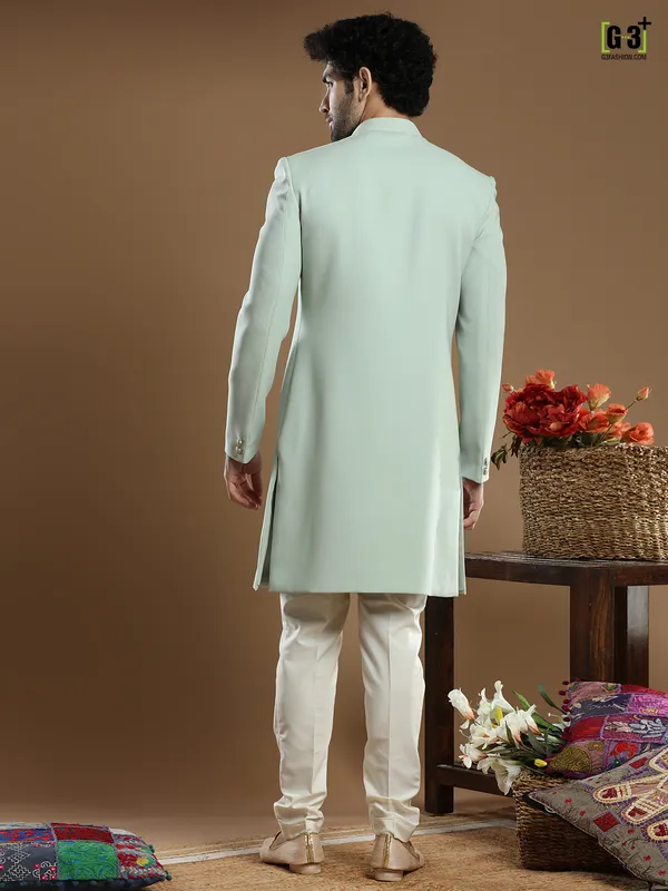 Trendy light green solid terry rayon wedding wear indo western