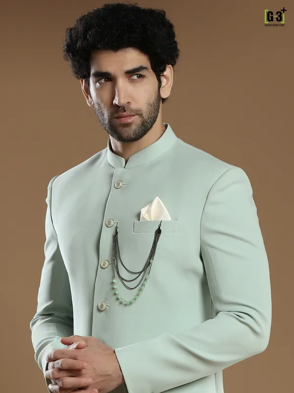 Trendy light green solid terry rayon wedding wear indo western