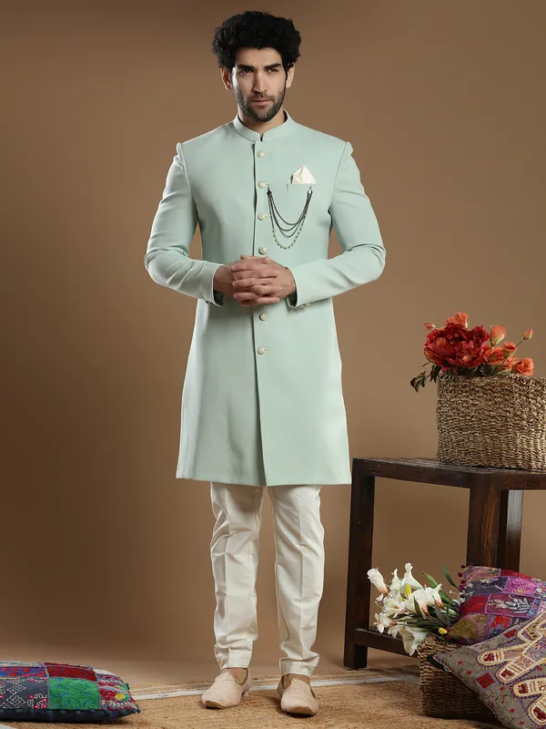 Trendy light green solid terry rayon wedding wear indo western