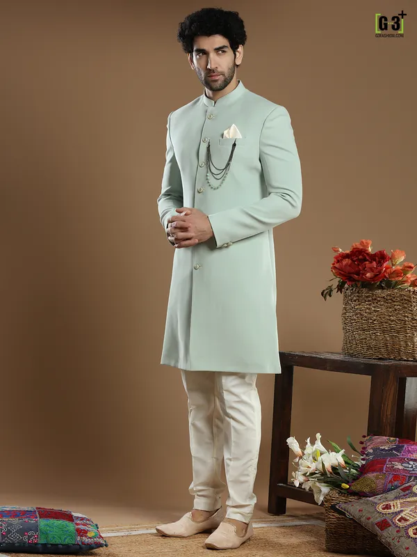 Trendy light green solid terry rayon wedding wear indo western