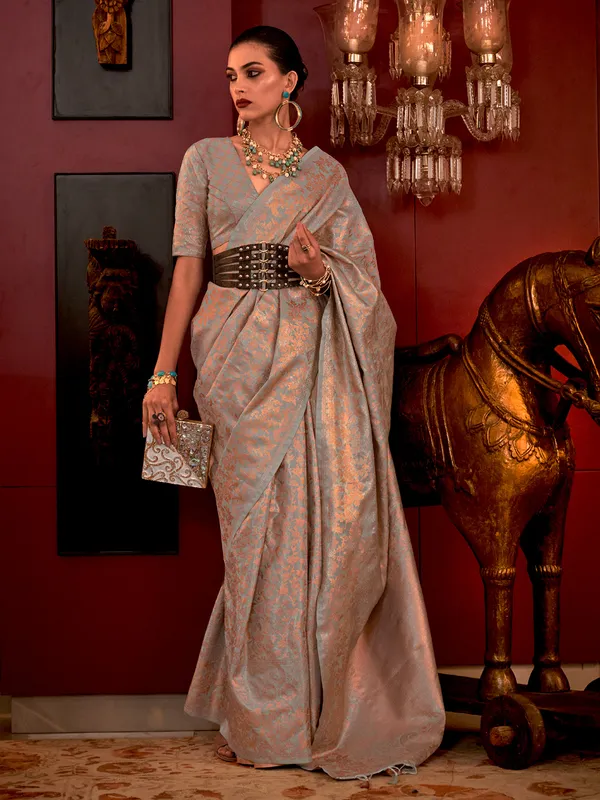 Trendy light grey silk saree