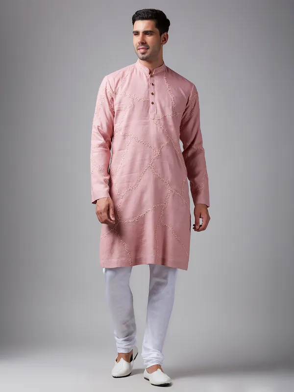 Trendy light pink linen  Men Kurta pajama for festive