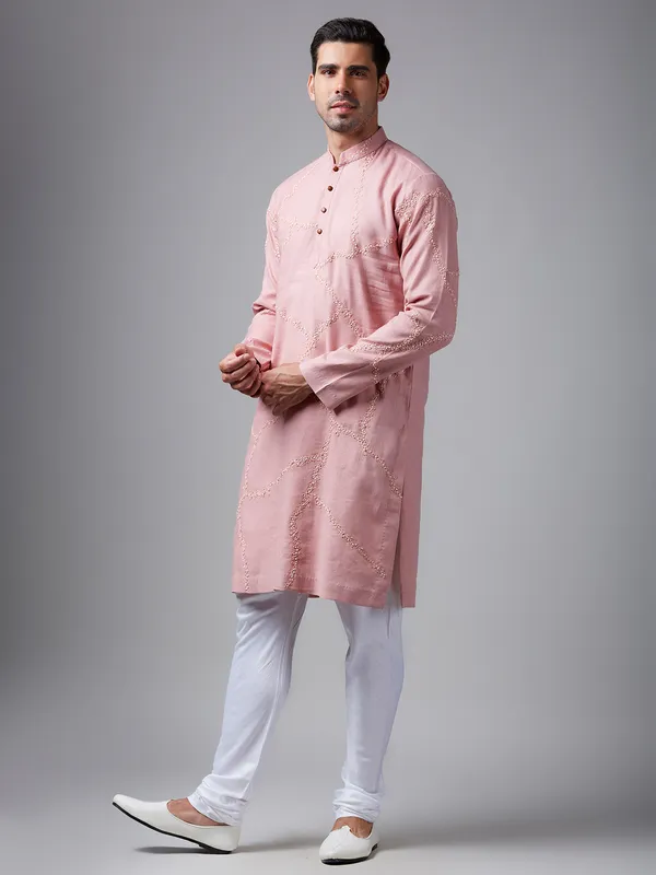 Trendy light pink linen  Men Kurta pajama for festive
