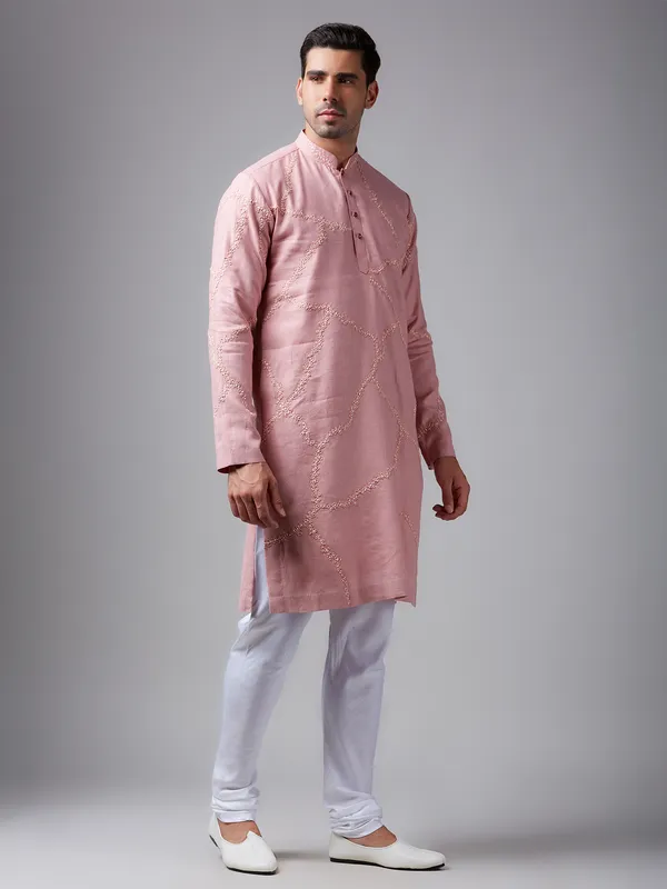 Trendy light pink linen  Men Kurta pajama for festive