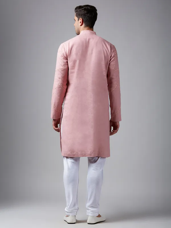 Trendy light pink linen  Men Kurta pajama for festive