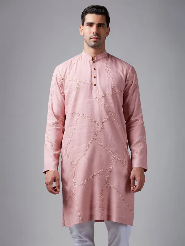 Trendy light pink linen  Men Kurta pajama for festive
