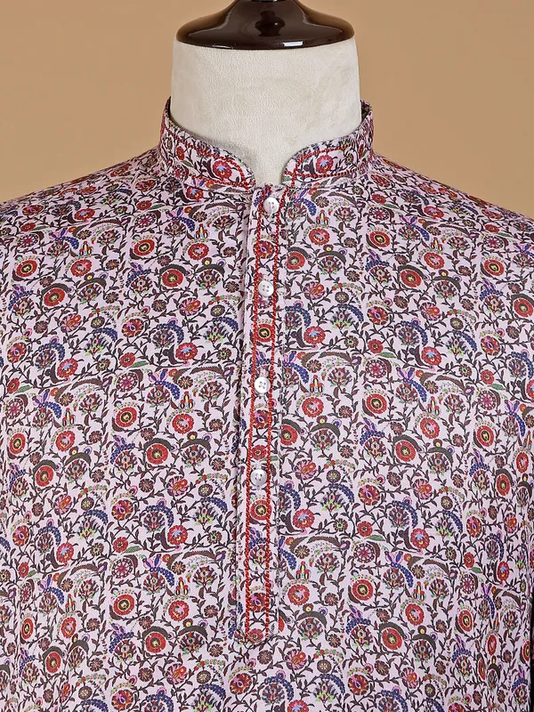 Trendy light pink silk printed kurta