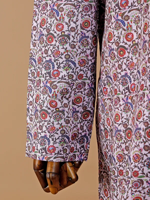 Trendy light pink silk printed kurta