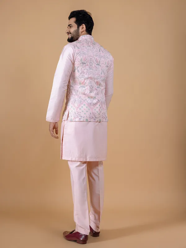 Trendy light pink silk waistcoat set