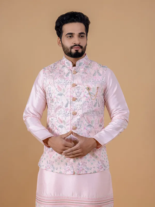 Trendy light pink silk waistcoat set