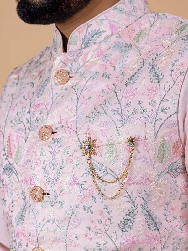 Trendy light pink silk waistcoat set