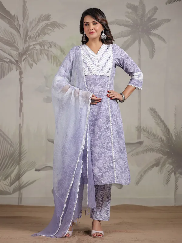 Trendy light purple cotton printed kurti set