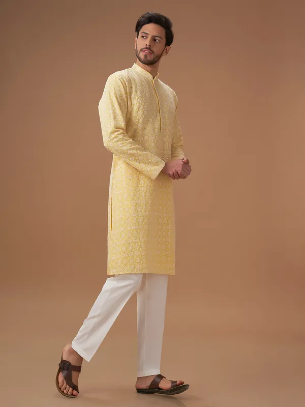 Trendy light yellow georgette  Men Kurta pajama