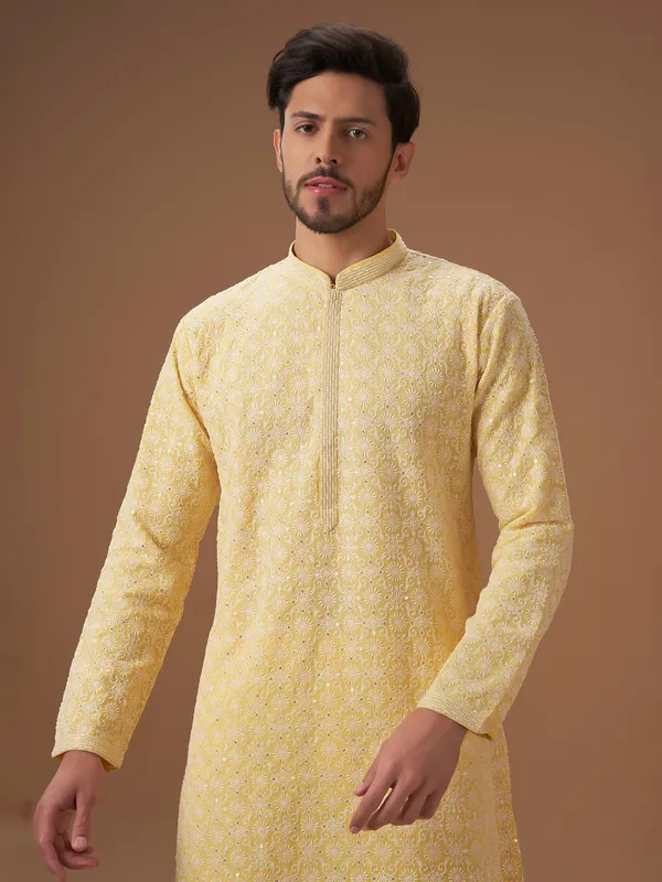 Trendy light yellow georgette  Men Kurta pajma