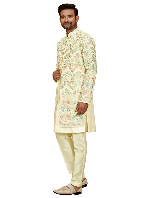 Trendy light yellow indowestern for men