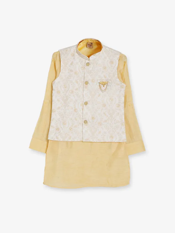 Trendy light yellow silk waistcoat set