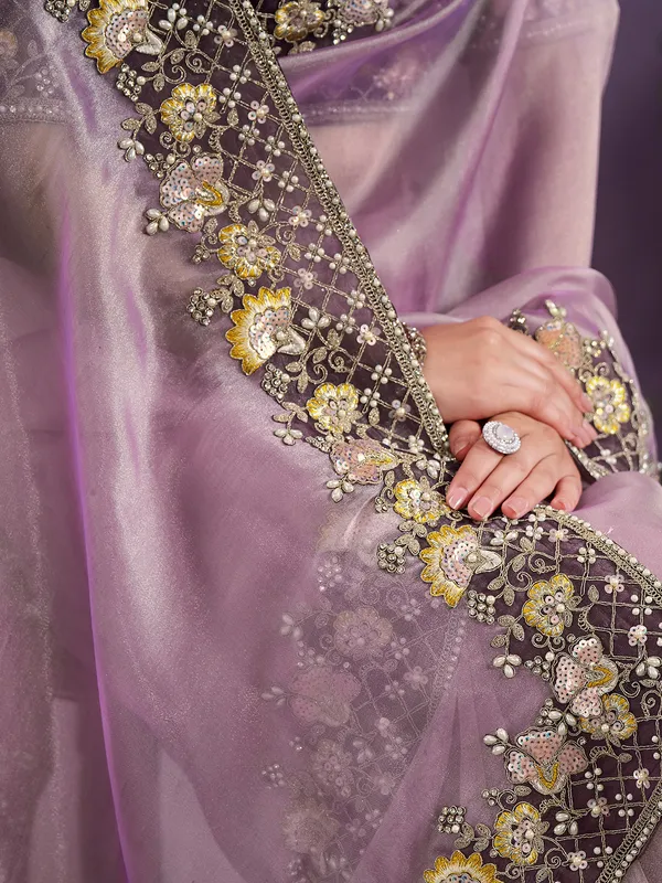 Trendy lilac purple tissue silk saree for wedding