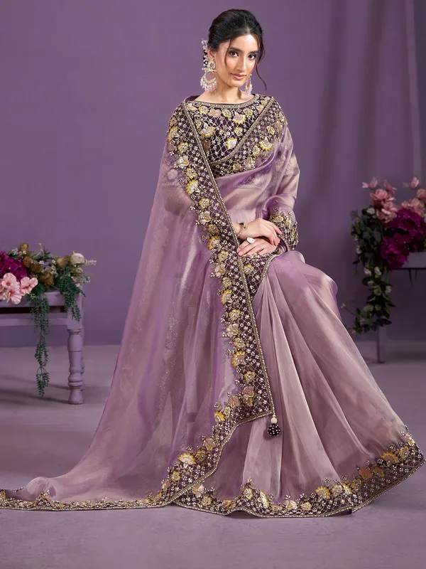 Trendy lilac purple tissue silk saree for wedding