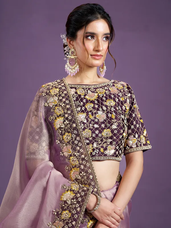 Trendy lilac purple tissue silk saree for wedding