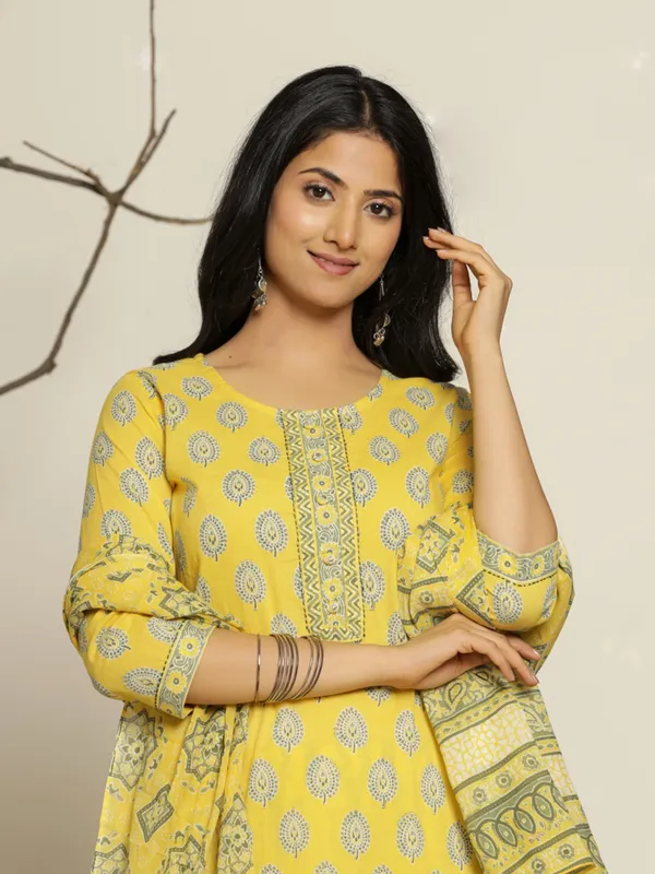 Trendy lime yellow cotton kurti set