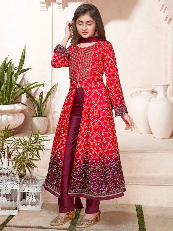 Trendy magenta printed georgette anarkali style pant set