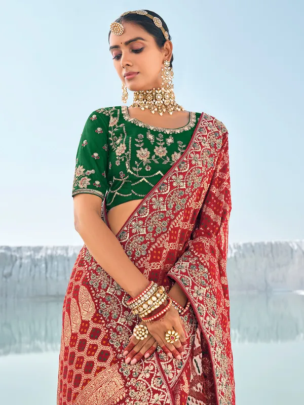 Trendy maroon Bandhani saree