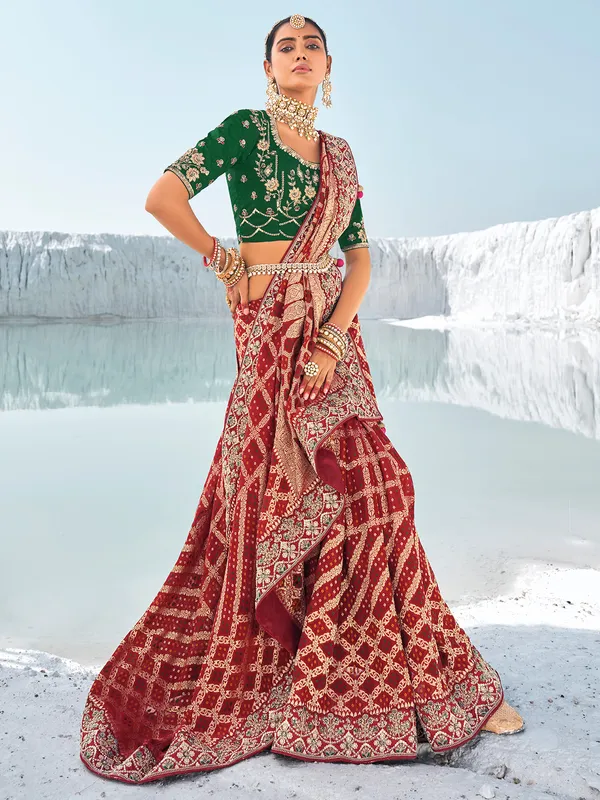 Trendy maroon Bandhani saree
