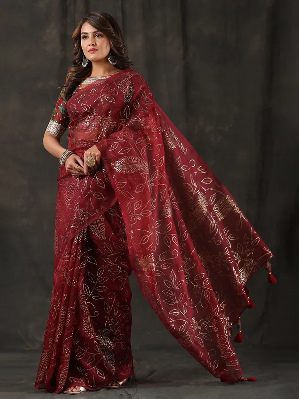 Trendy maroon organza saree