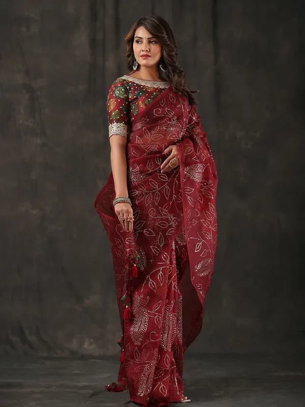 Trendy maroon organza saree